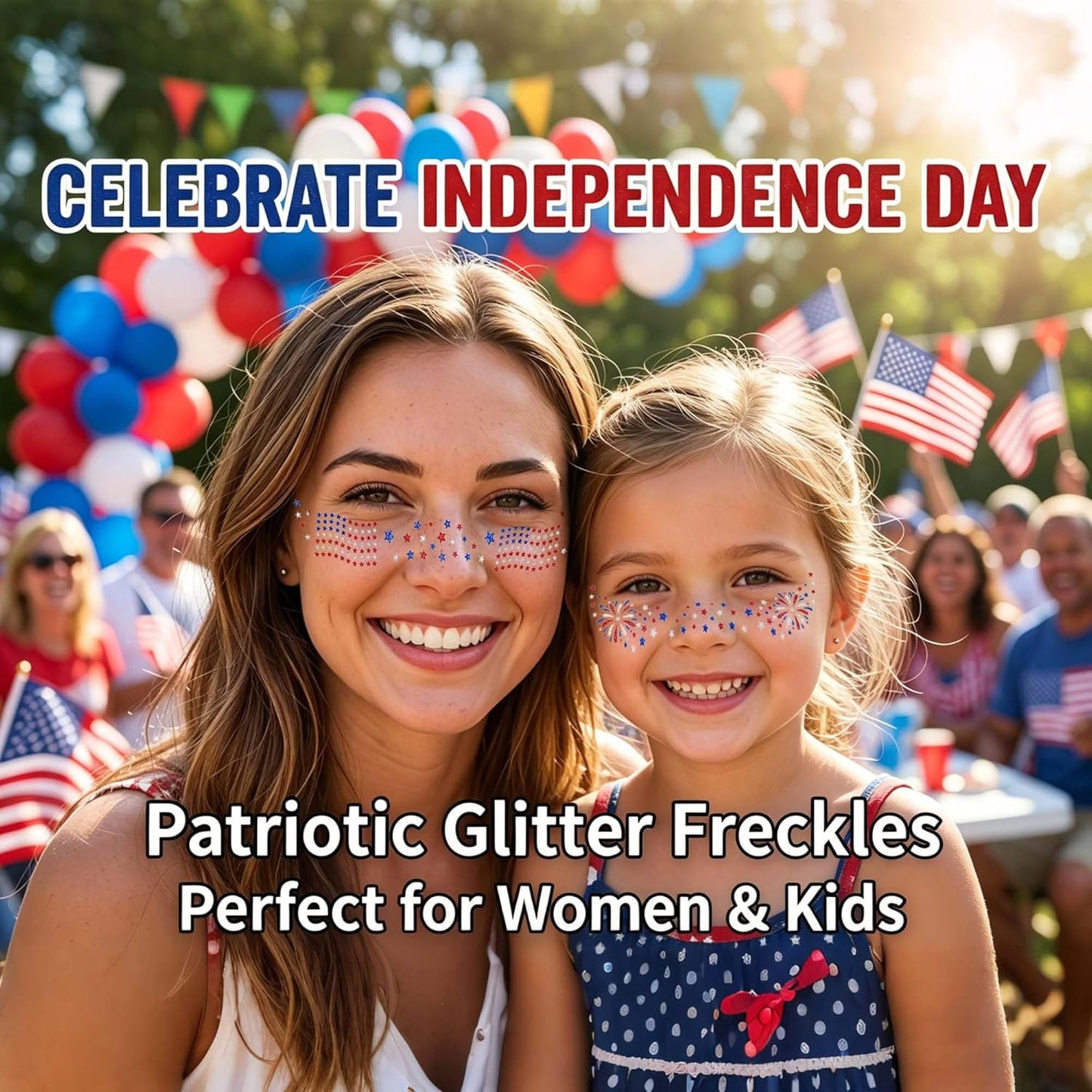 American Flag Glitter Freckles Face Tattoo - 6PCS Red, White & Blue Sparkle for 4th of July | Patriotic Glitter Stickers for Women & Kids