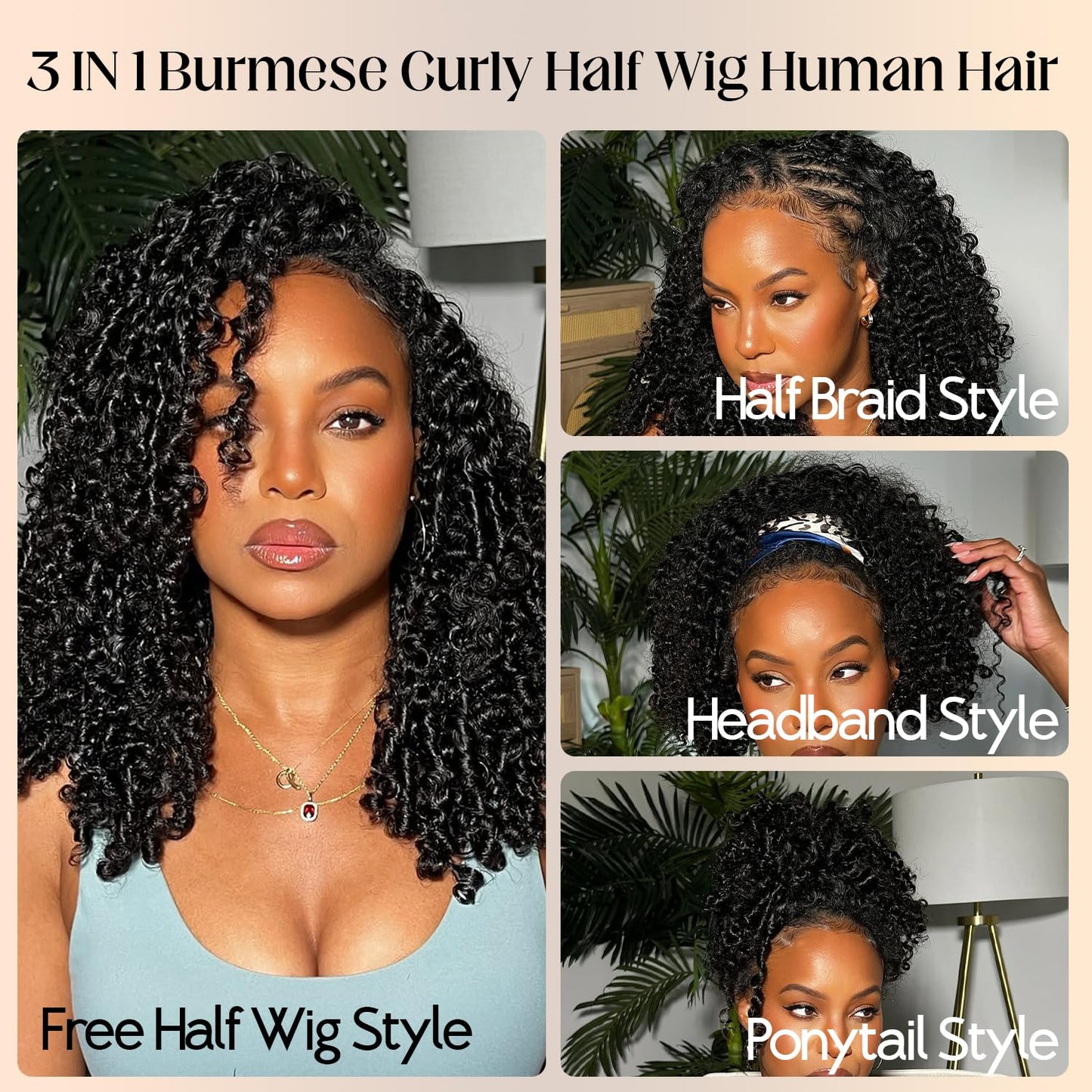 Burmese Curly Half Wig - 250% Density 100% Human Hair | Glueless 16 Inch for Black Women