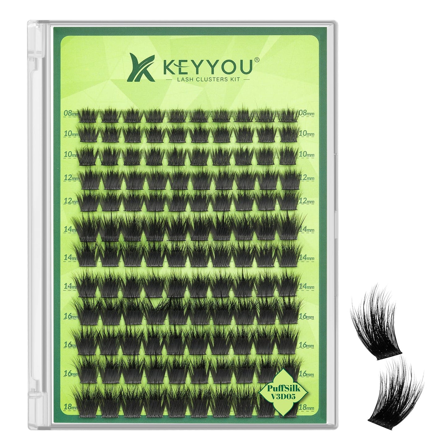 KEYYOU Lash Clusters 3D Effect Eyelash Clusters 144pcs D Curl Wispy Lashes Cluster Lashes 8-18MIX Natural Soft DIY Lash Extension at Home(PuffSilk V3D05-D-8-18MIX)
