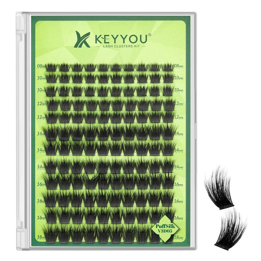 KEYYOU Lash Clusters 3D Effect Eyelash Clusters 144pcs D Curl Wispy Lashes Cluster Lashes 8-18MIX Natural Soft DIY Lash Extension at Home(PuffSilk V3D05-D-8-18MIX)