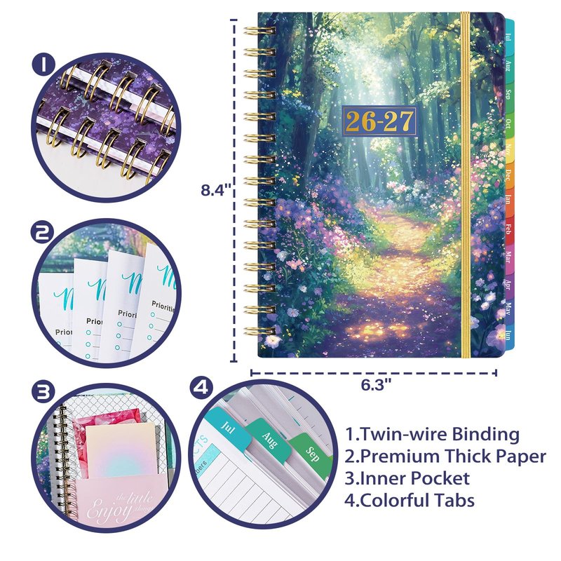Planner 2026-2027 - Academic Planner 2026-2027 from Jul.2026 - Jun.2027, 8.5'' X 6.4'', Weekly Monthly Planners 12 Month with Colorful Tabs, Back Pocket - Forest Path