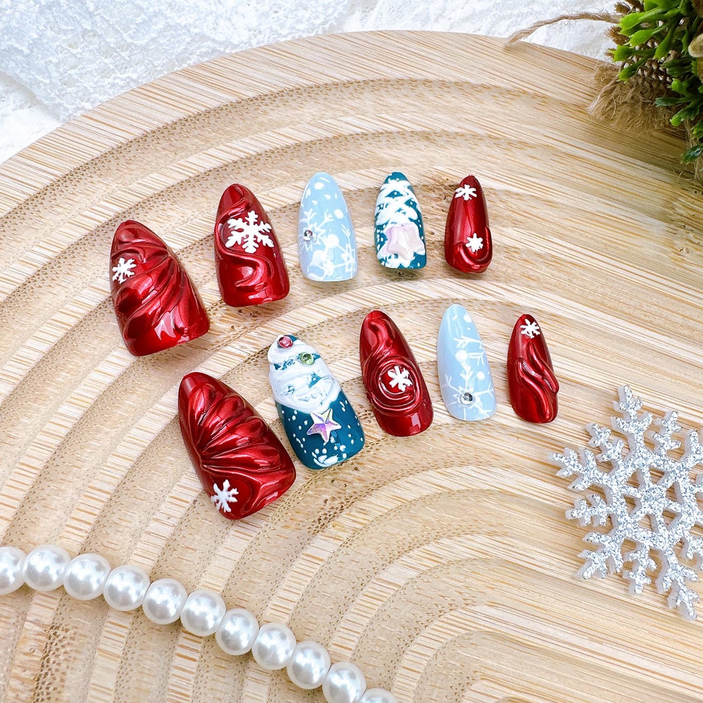 3D Christmas Press-On Nails - Medium Almond Acrylic with Rhinestones | 24 Pcs Winter Snowflake Designs