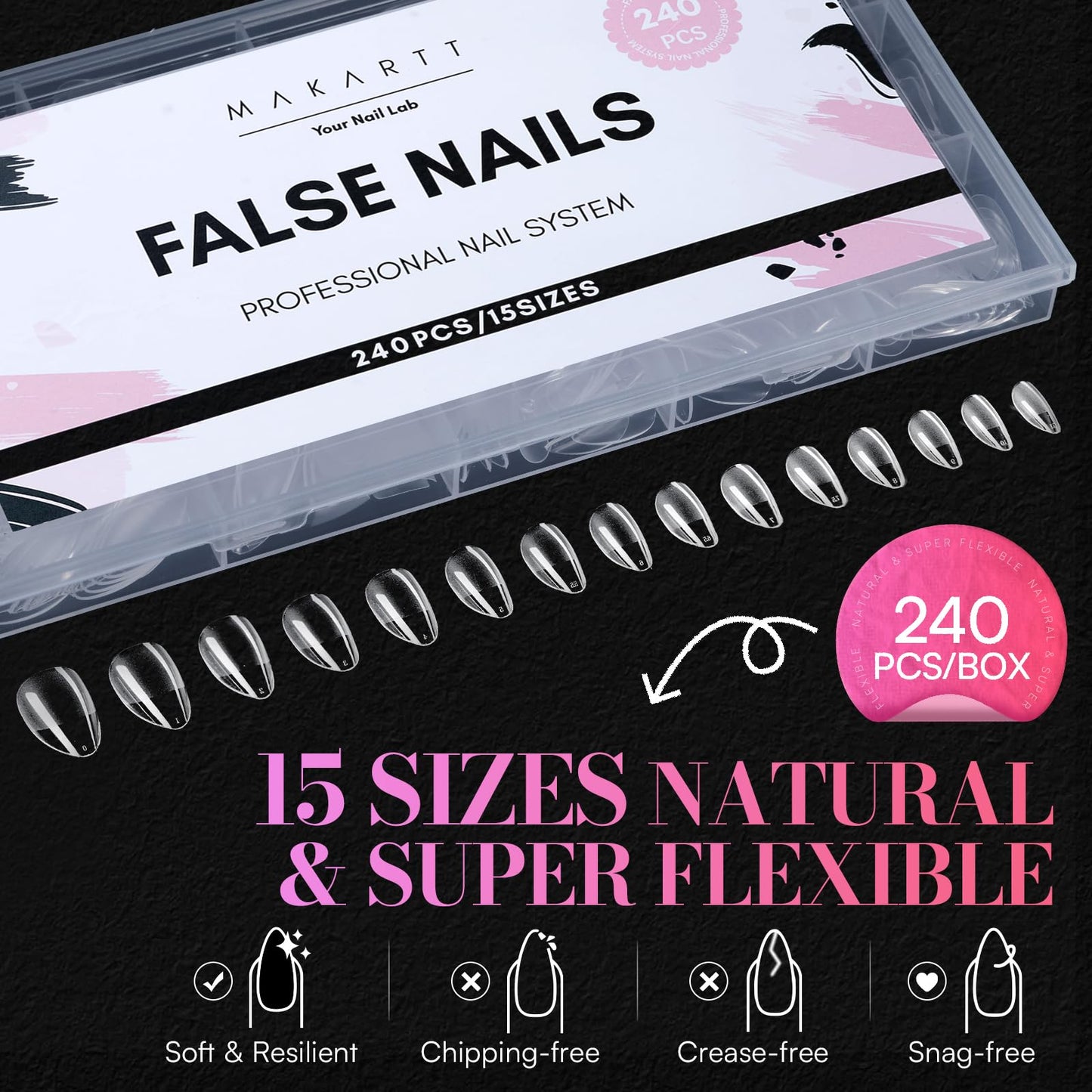 Makartt Short Almond Nail Tips: 504PCS Pre Etched Clear False Nails Tips Almond Shapes, 15 Sizes Full Cover Half Matte Soft Acrylic Press On Nail Extensions Supplies Salon and DIY at Home