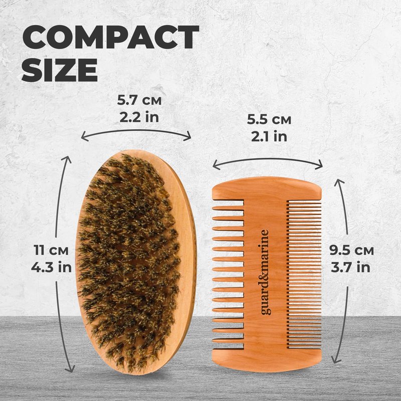 GUARD&MARINE Beard Brush & Comb Set - Natural Boar Bristle Wooden Brush & Beechwood Comb Kit for Men's Beard and Mustache Care and Shaping (Brown)