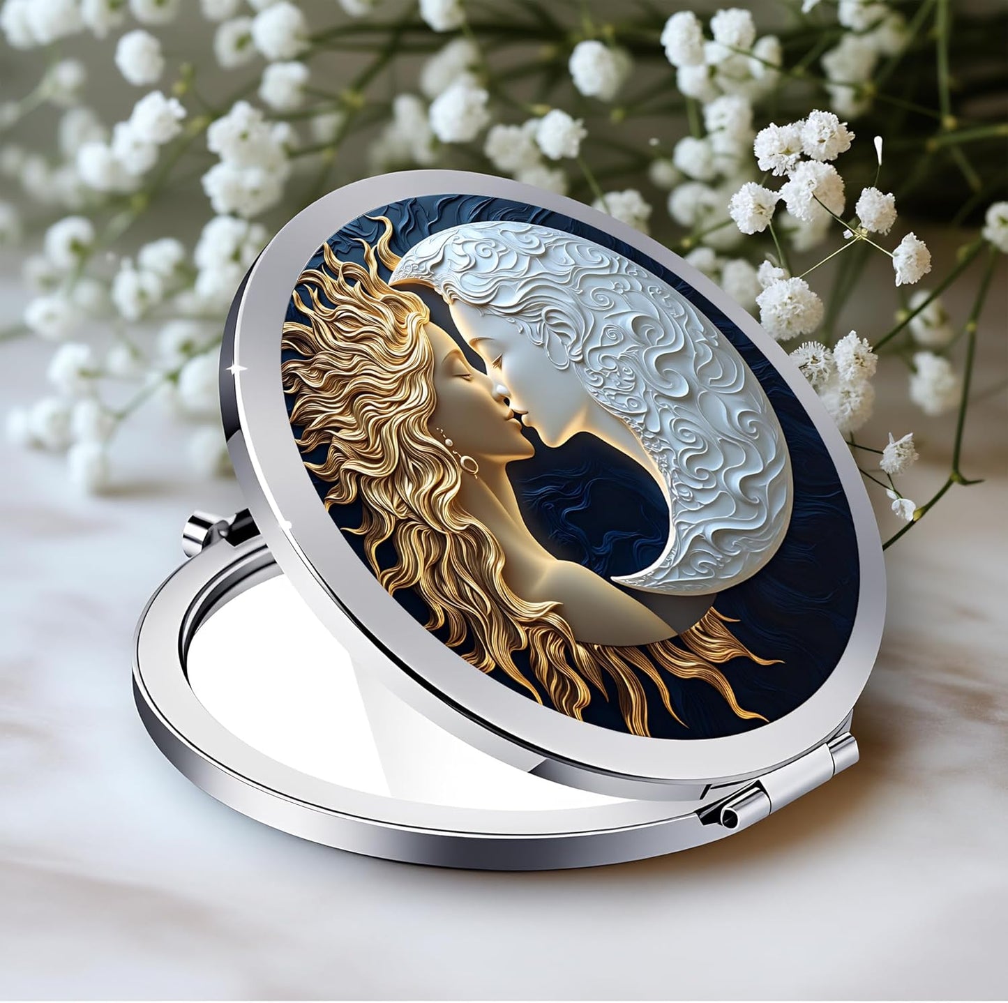 Silver Compact Mirror - Double-Sided Folding Makeup Mirror with Victorian Lady Design | 2.8x2.8 Inch