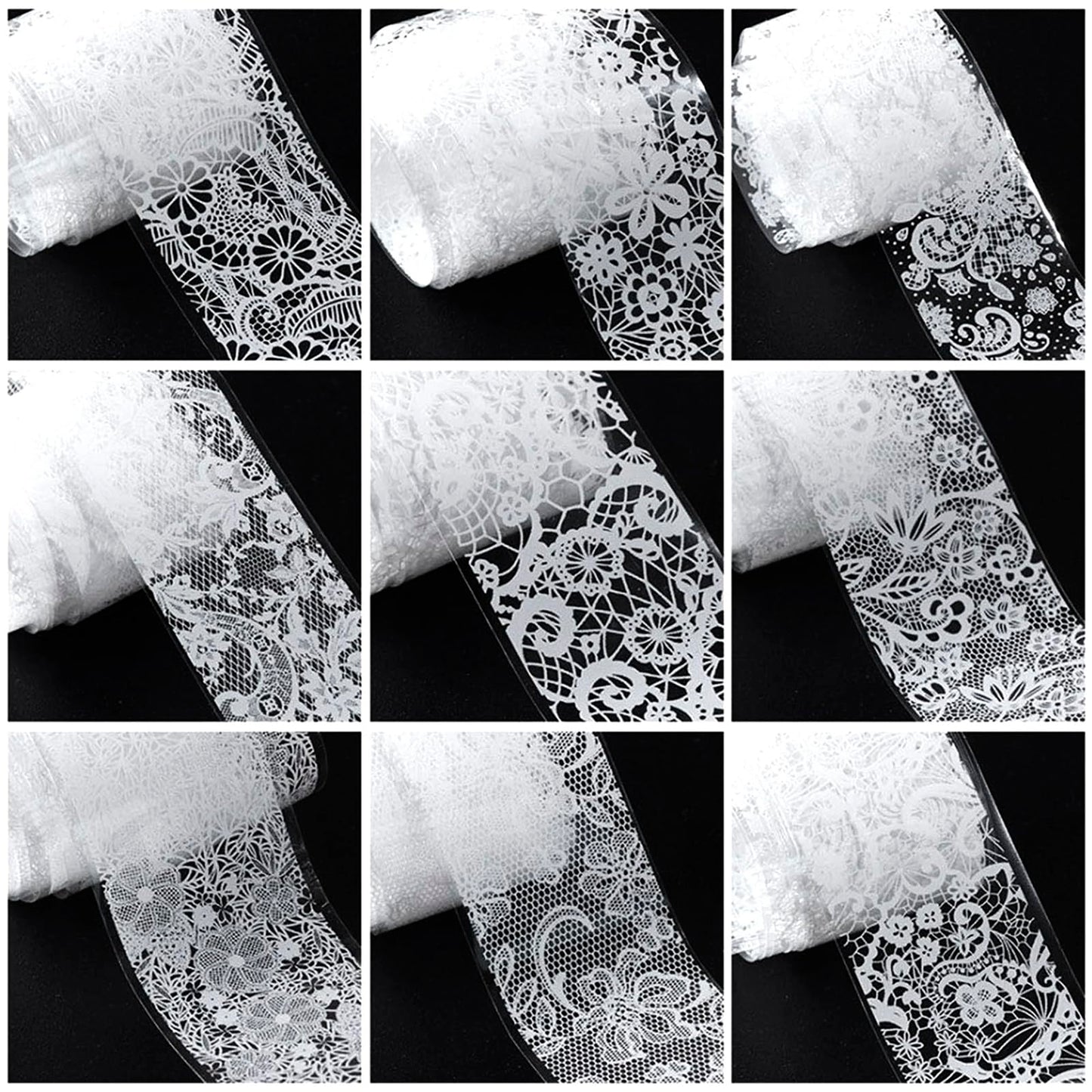 MOLILON 10 Rolls White Lace Nail Foil, Lace Nail Art Foil Transfer Stickers Decals, Holographic Foils for Nails Design, Manicure Stickers for DIY Acrylic Nails Decoration