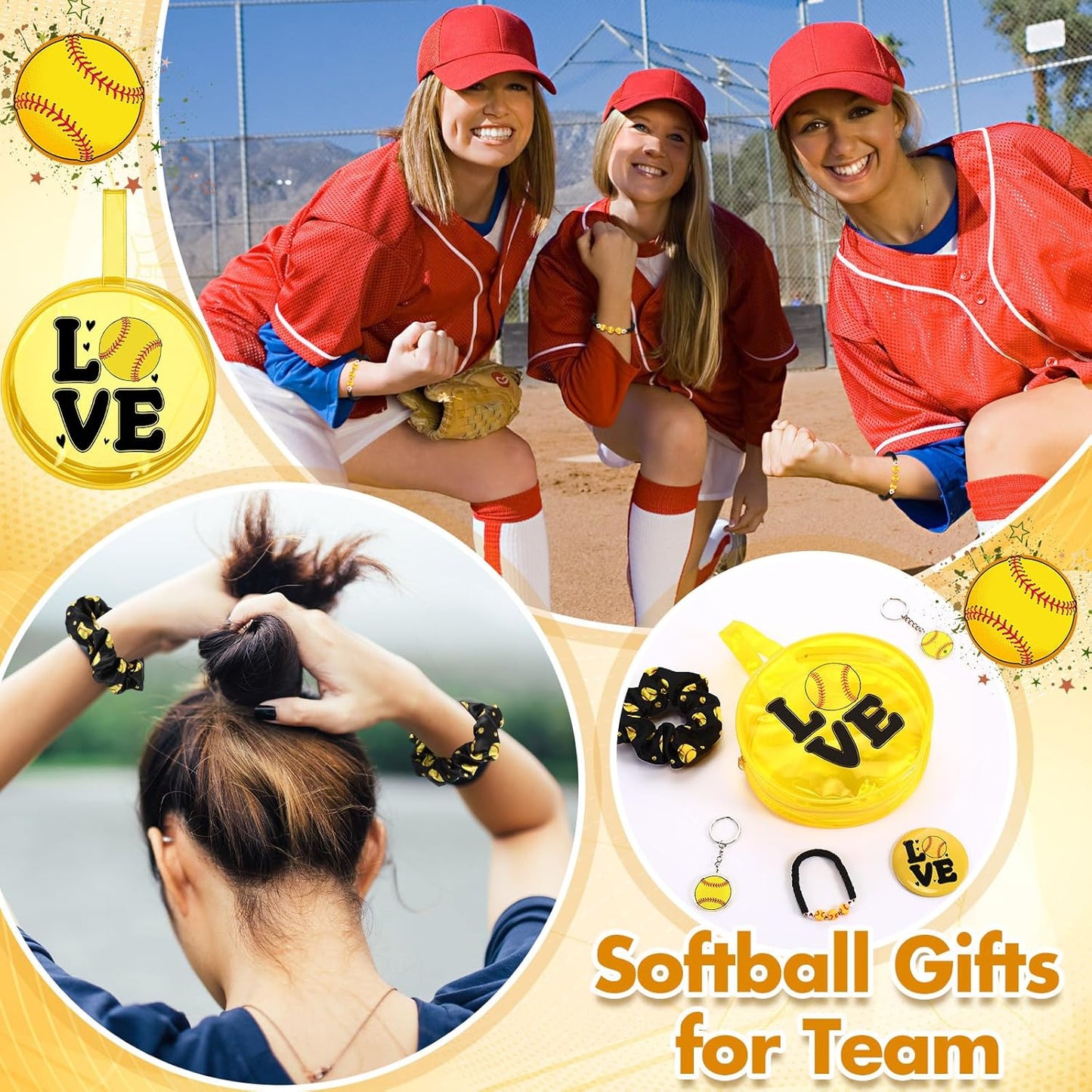 Softball Team Gifts - 60 Pcs Sports Accessories Set | PVC Cosmetic Bag, Keychains, Makeup Mirror & More