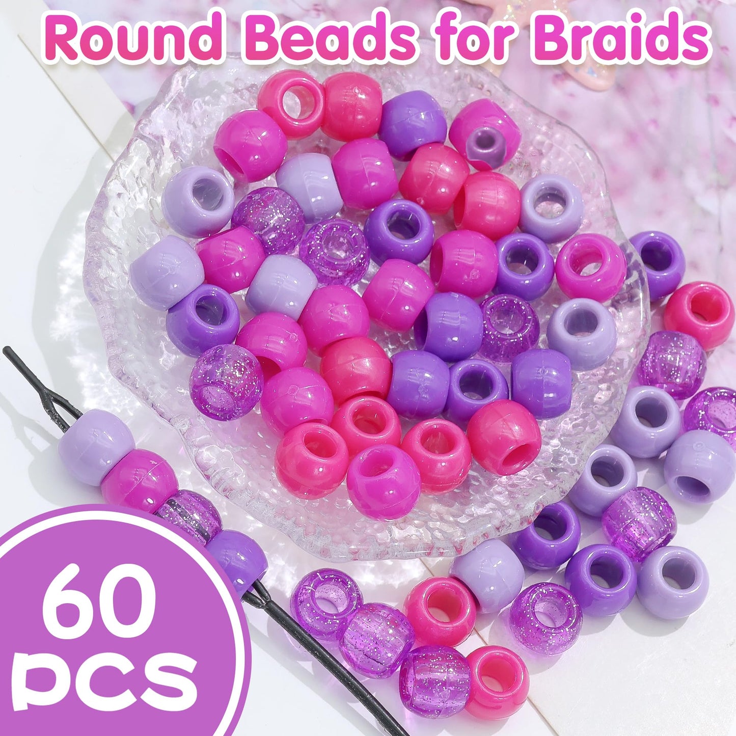 NAISKA 60PCS Purple Beads for Hair Clear Sparkle Braid Bead 5 Colors Gradient Dreadlock Beads Large Hole Bead Braids Accessories for Kids Girls
