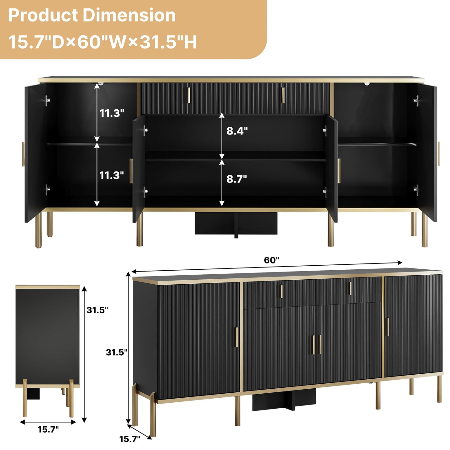 oneinmil 60” Modern Sideboard Buffet Cabinet, Fluted Storage Sideboard with Adjustable Shelves & Pop-Up Doors, Multifunctional Accent Cabinet for Kitchen, Living Room, Hallway, Black and Gold