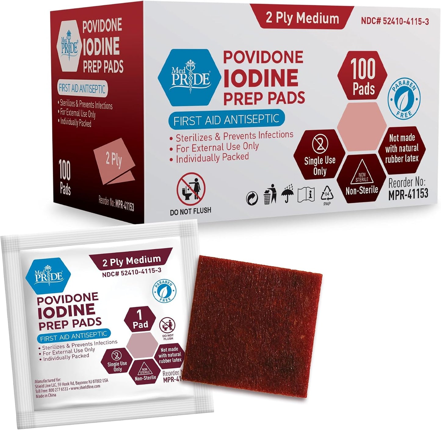 Iodine Wipes - 10% Povidone Iodine Prep Pads | Alcohol-Free Antiseptic, 100 Count