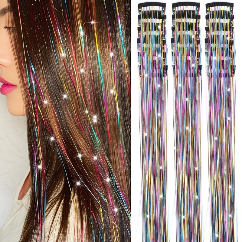 Hair Tinsel Extensions - 18 Pcs 20.5 Inch Glitter Clips | Shiny Rainbow Fairy Hair Accessories for Kids & Women
