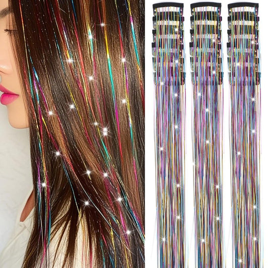 Nielp 18 Pcs Hair Tinsel Clip in, 20.5 Inch Glitter Tinsel Hair Extensions, Shiny Sparkling Fairy Hair Tinsel Clips, Dazzling Party Rainbow Hair Accessories for Girls Women Kids (Rainbow)
