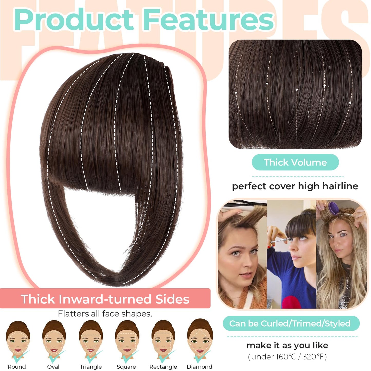 Cephermer Clip in Bangs, Synthetic French Bangs Hair Clip, Fake Bangs Fringe with Temples Hairpieces for Women Natural Curved Hair Extensions for Daily Wear Medium Brown