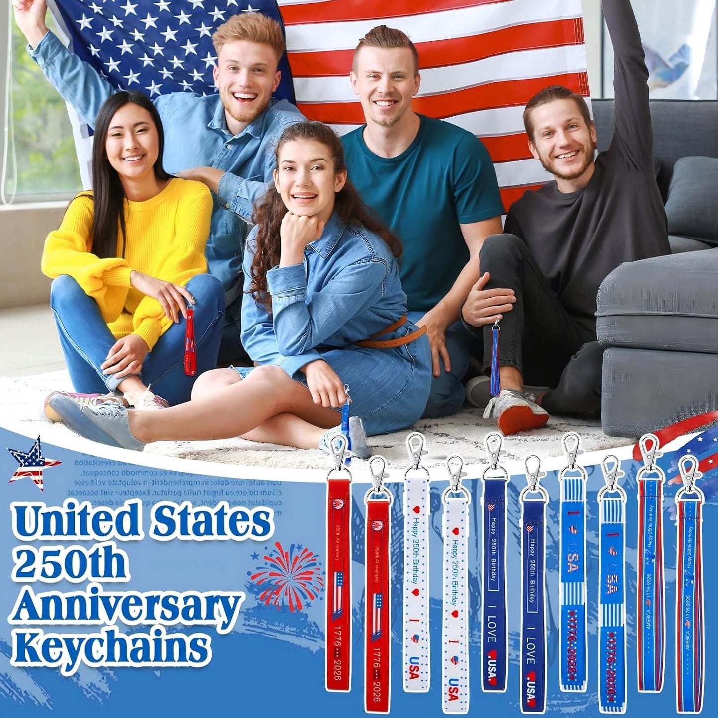Patriotic Keychains - 5 Pcs USA Flag Keychains for 250th Anniversary | 4th of July Party Favors