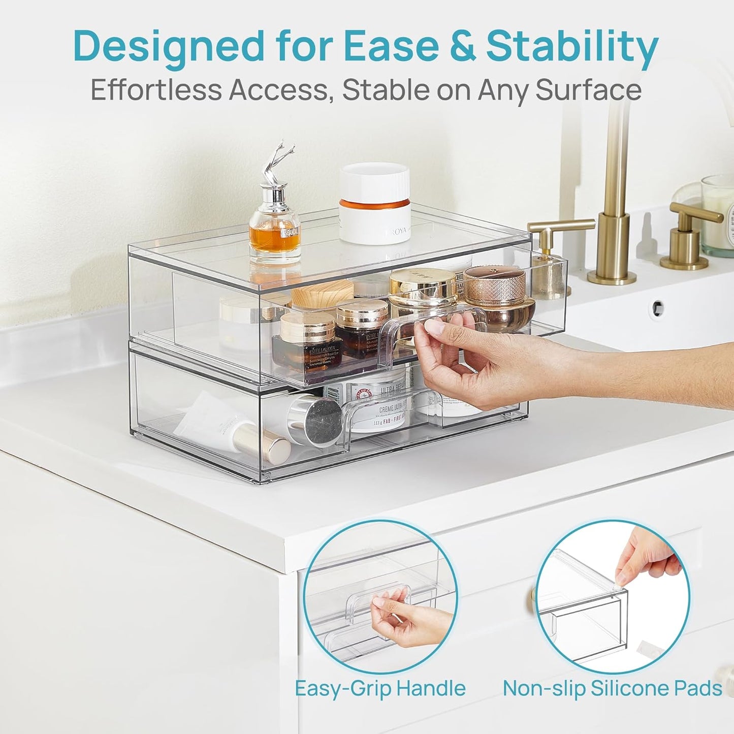 Clear Stackable Storage Drawers - 12.1''W Acrylic Organizers for Makeup, Cosmetics & Beauty Supplies | 2 Pack