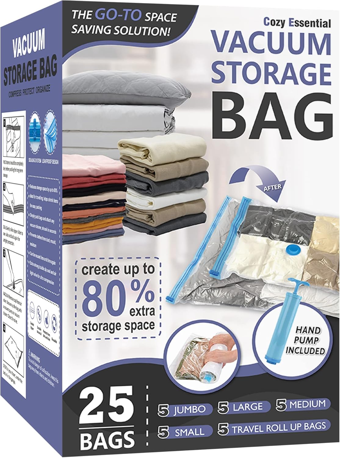 Vacuum Storage Bags - 80% Compression Space Saver for Clothes, Bedding & Blankets | 20-Pack Combo
