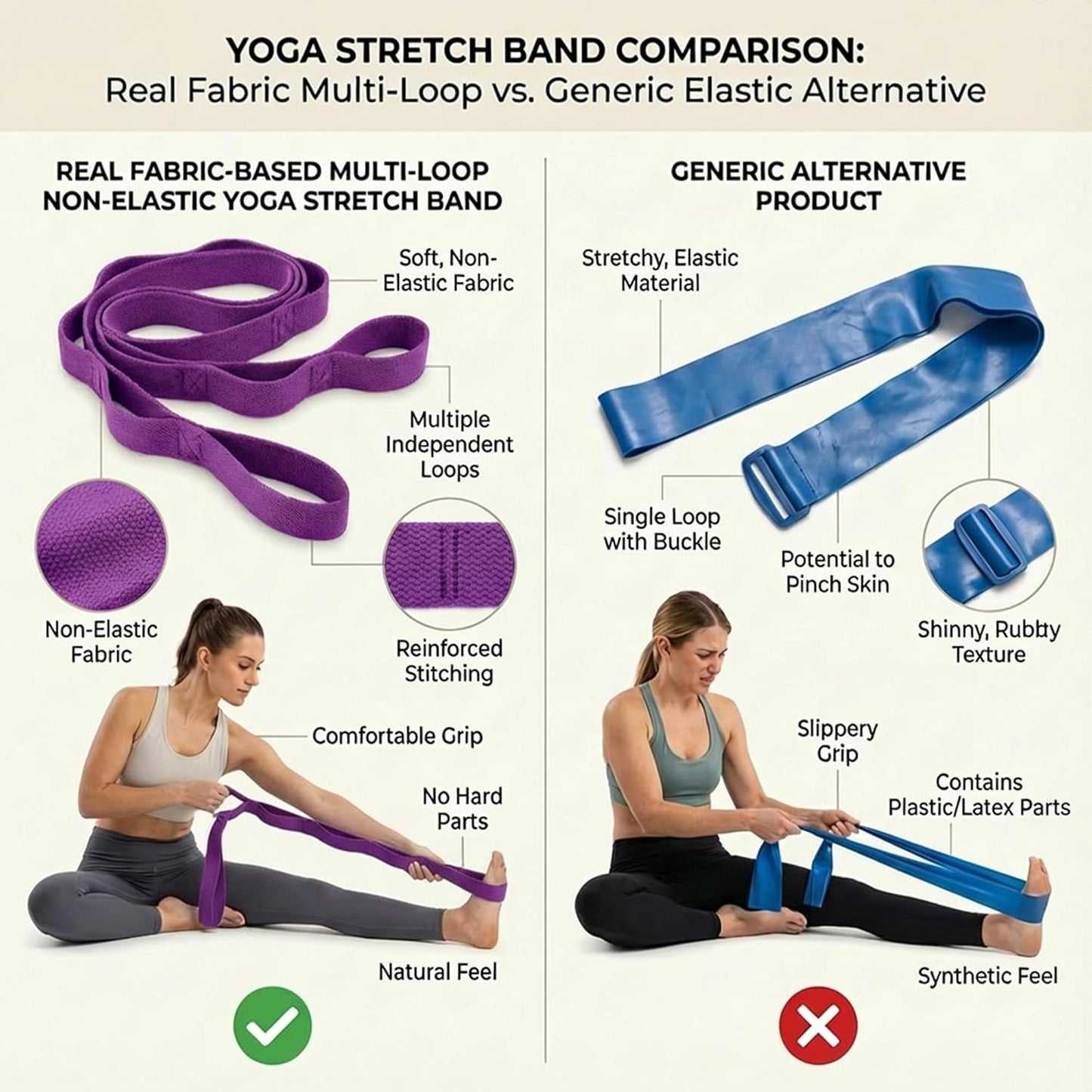 Yoga Stretch Strap - Non-Elastic Stretch Band with 10 Loops for Flexibility Training | Ideal for Home Workouts and Pilates