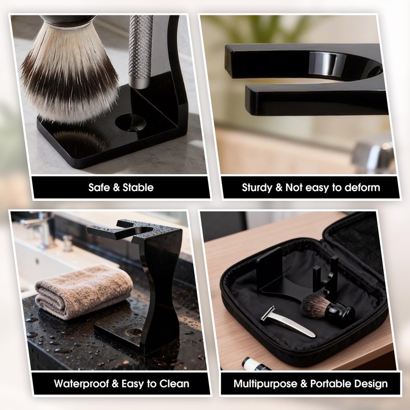 Keropy 2-in-1 Shaving Brush and Razor Stand, Black Acrylic Razor Holder with Brush, One-Piece Shave Brush Stand, Safety Razor Stand for Men, Universal Bathroom Storage Organizer, Grooming Gift for Men
