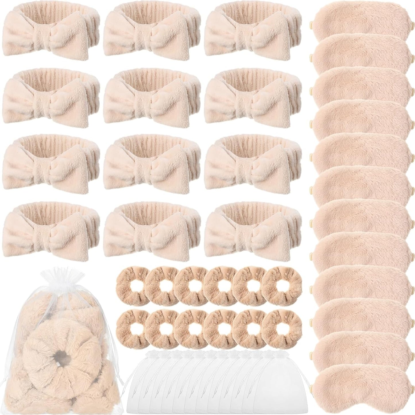 Mimorou Spa Party Supplies Set - 48 Pieces with Headbands, Eye Masks & Scrunchies | Pink, Blue, Purple