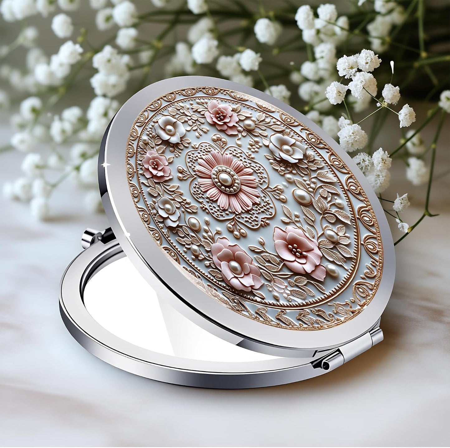 Compact Double-Sided Makeup Mirror - Silver Folding Design with Blue Lotus Moon | 2.8x2.8 Inch Gift for Women