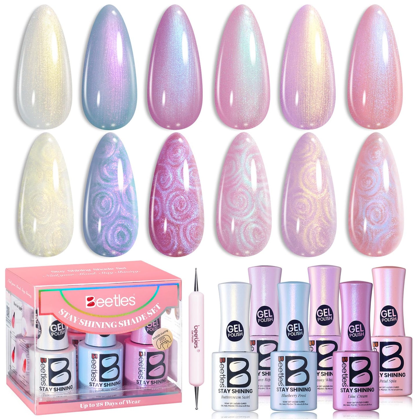 Beetles Spring Gel Polish Set - Stay Shining Pearly Swirl Shade Set, 6 Colors Mermaid Nail Swirl Shell Thread Effect Polish Soak Off Uv Gel Polish DIY Salon-Quality at Home Gift for Women