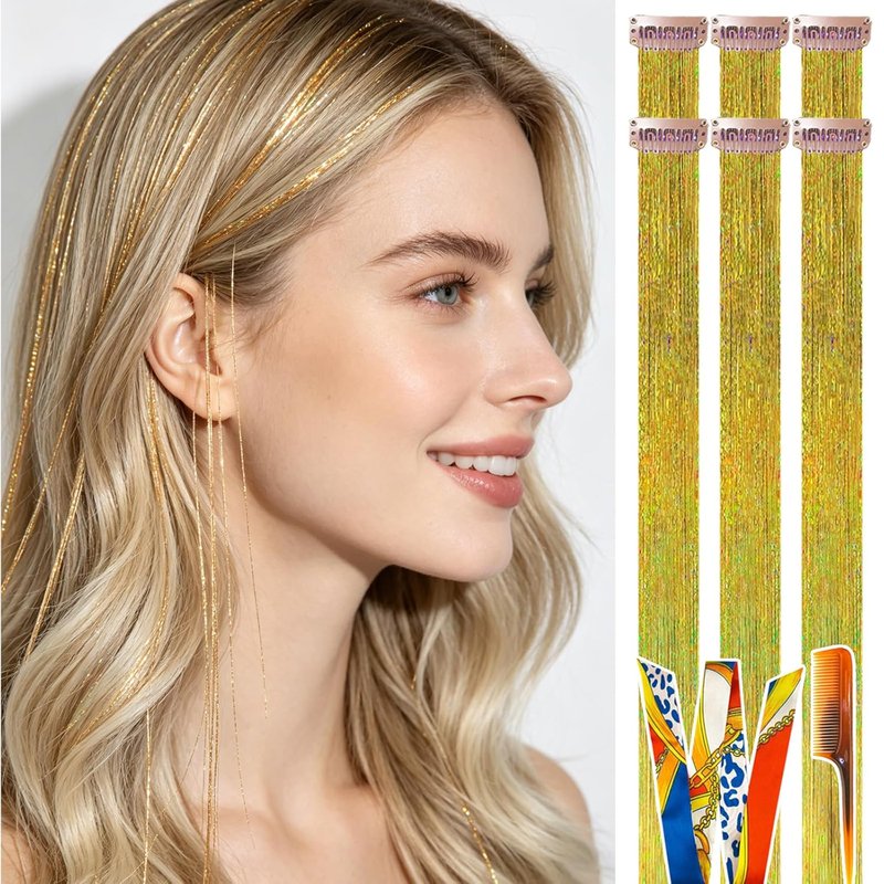 Solid Gold Hair Tinsel Clip-In Extensions - 23 Inch, 70 Strands | Heat Resistant Luxury Sparkle for Women & Teens