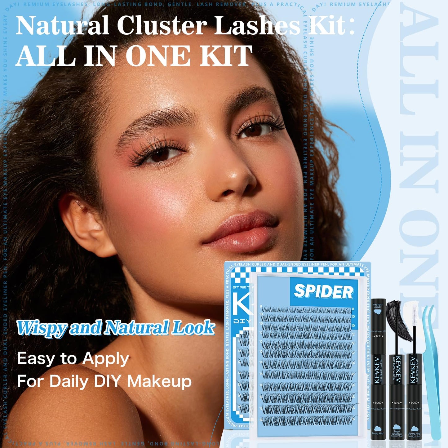 Spider Lash Clusters Kit Breeze D Curly Eyelash Clusters Natural Wispy Lash Extension Kit 8-16MM Fluffy Spider Cluster Eyelash Extensions Clear Thin Band with Lash Bond and Seal DIY Lash at Home