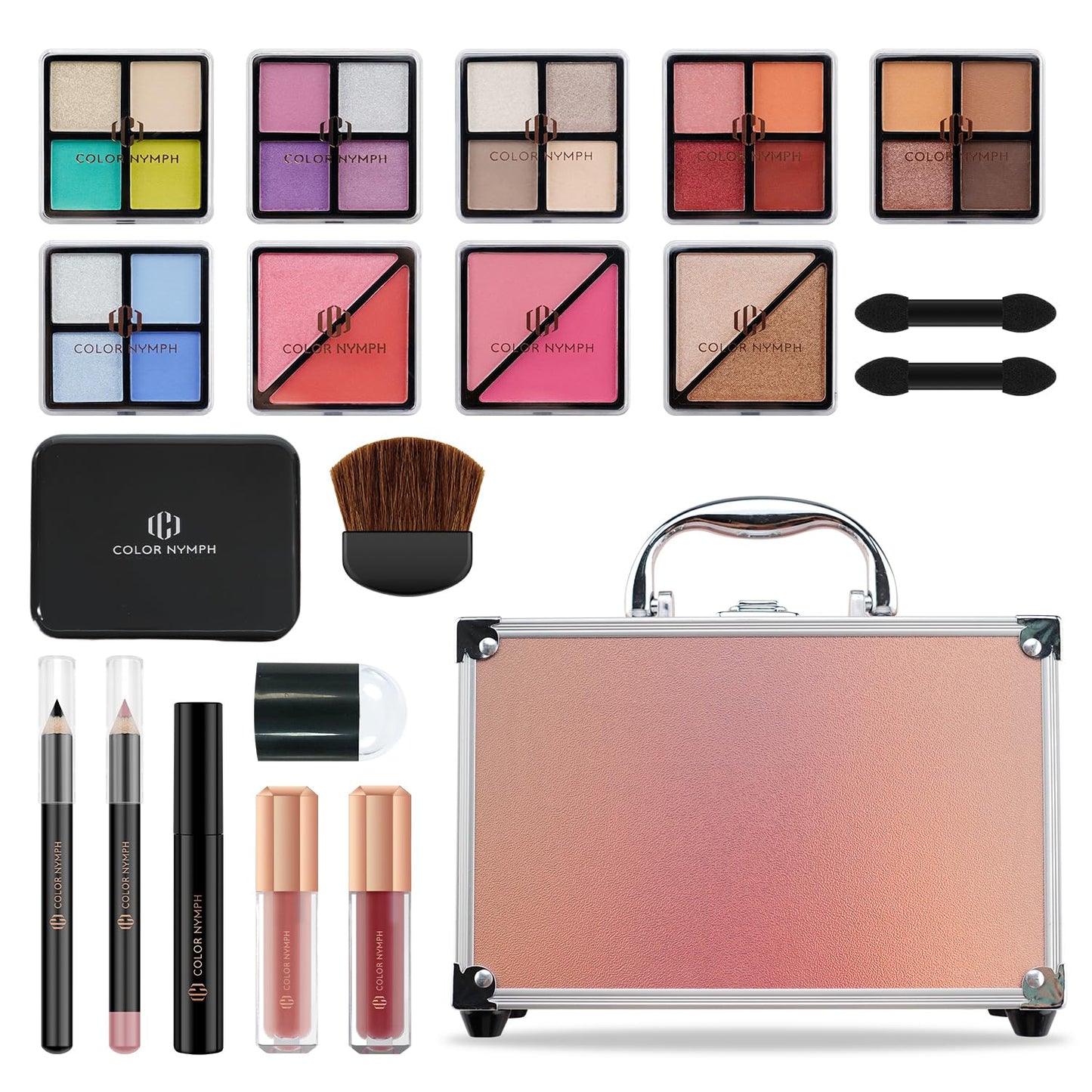 Beginner Makeup Kit for Teens - 24-Color Eyeshadow Palette, Blush, Bronzer & Brushes | Pink Cosmetic Train Case Included