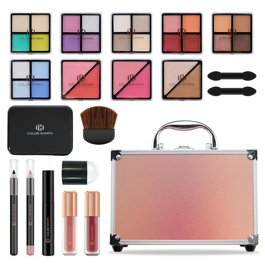 Beginner Makeup Kit for Teens - Full Makeup Set with Eyeshadow Palette, Blush, Bronzer, Lipstick & Train Case | Gold