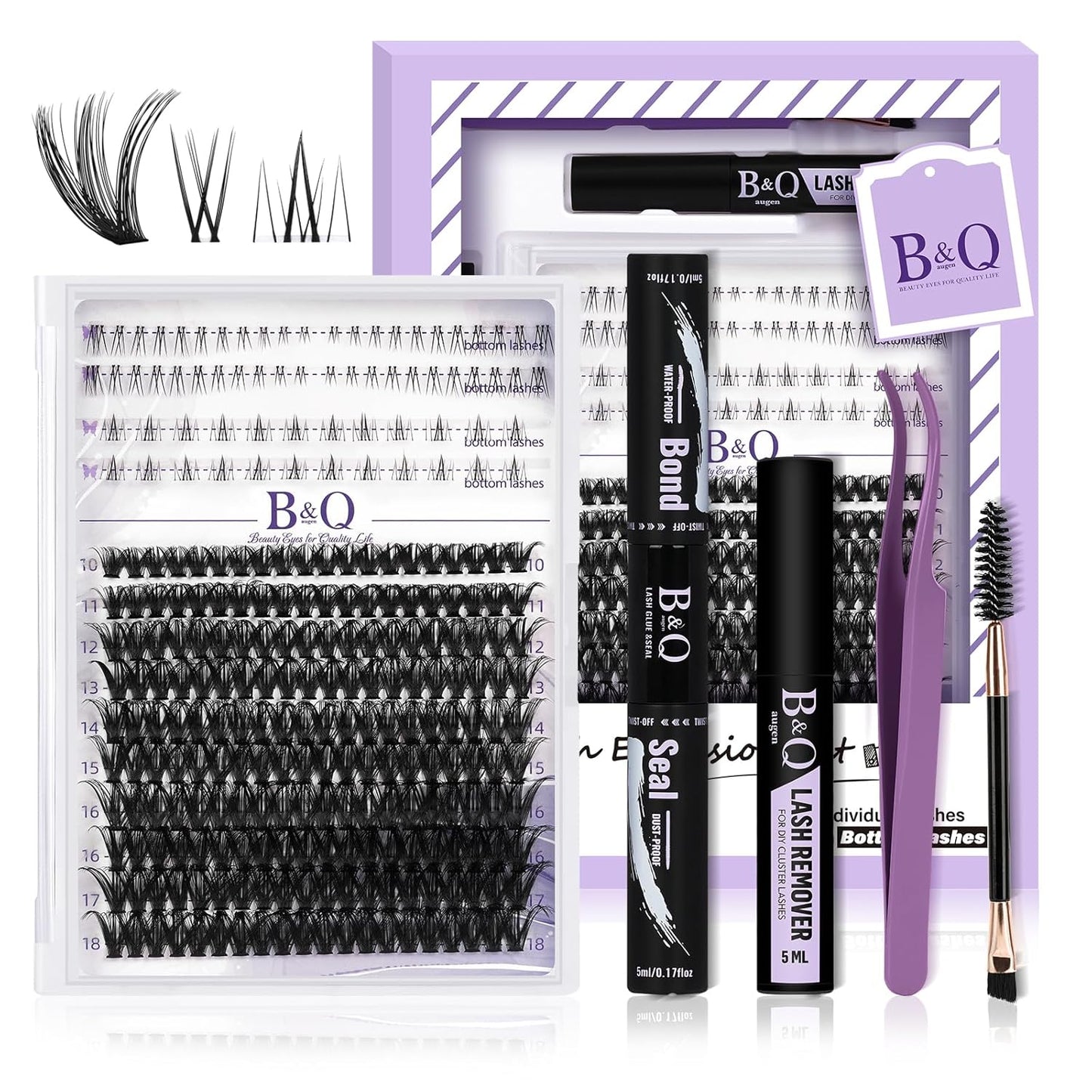 Eyelash Extension Kit - 10-18mm D Curl Lash Clusters with Bottom Lashes | DIY Bond & Seal Applicator