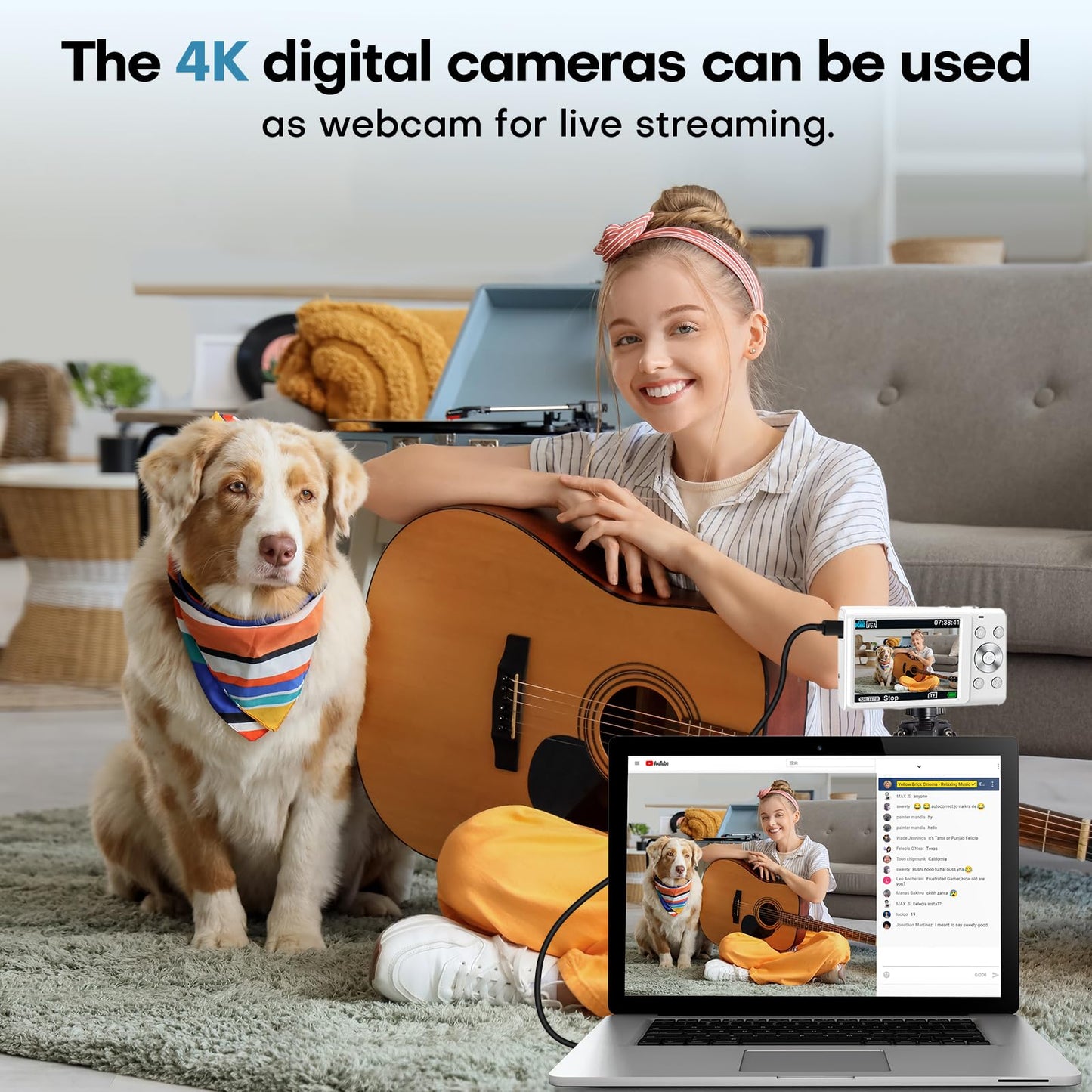 Digital Camera, 4K Digital Camera with Wide Angle Lens, 64MP Autofocus 16X Digital Zoom YouTube Compact Point Shoot Vlogging Camera for Teens/Beginners, 32GB Card, 2 Batteries(White)