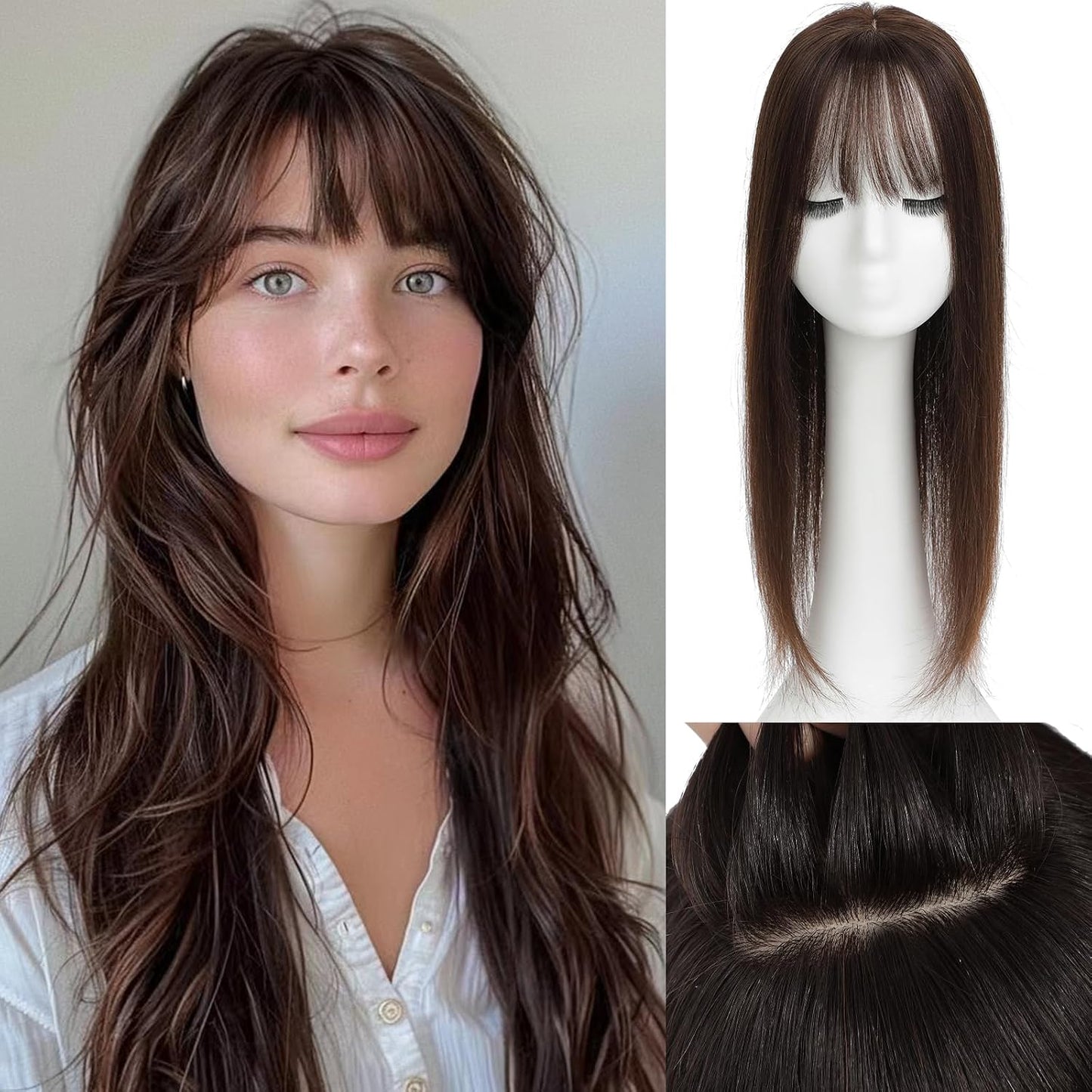 Aimeolyn Hair Toppers for Women - Real Human Hair 12-Inch Wiglet with Bangs for Thinning Hair | Big Base Scalp Coverage