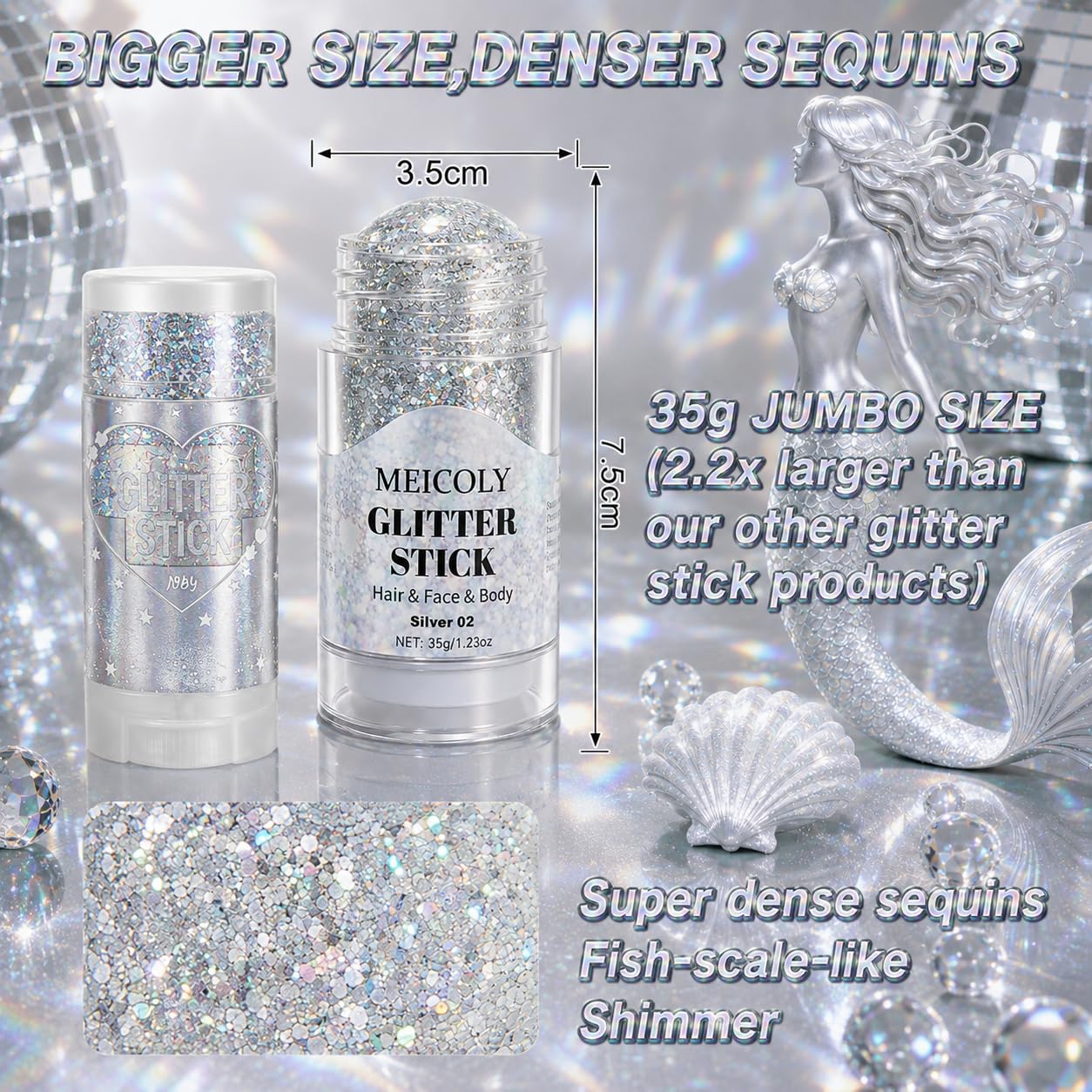 MEICOLY 1.23 OZ Silver Body Glitter Stick for Women,Face Glitter for Rave Outfit Accessories,Holographic Mermaid Hair Glitter Stick for Singer Concerts,Parties,Clubbing,Concert & Halloween