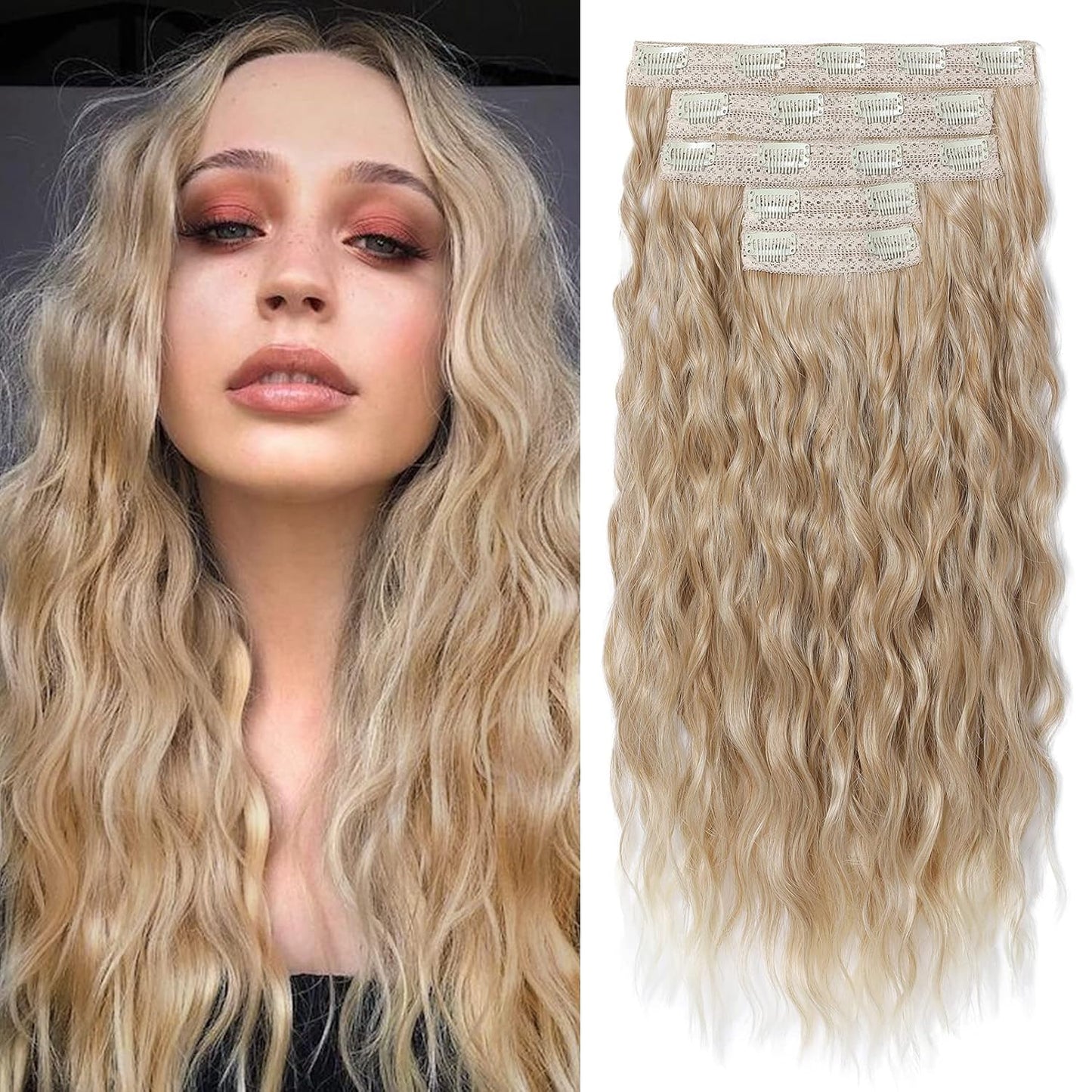 Clip In Hair Extensions - 5PCS Ash Blonde Highlights | 24" Thick Loose Waves, Soft & Natural Hairpieces for Women