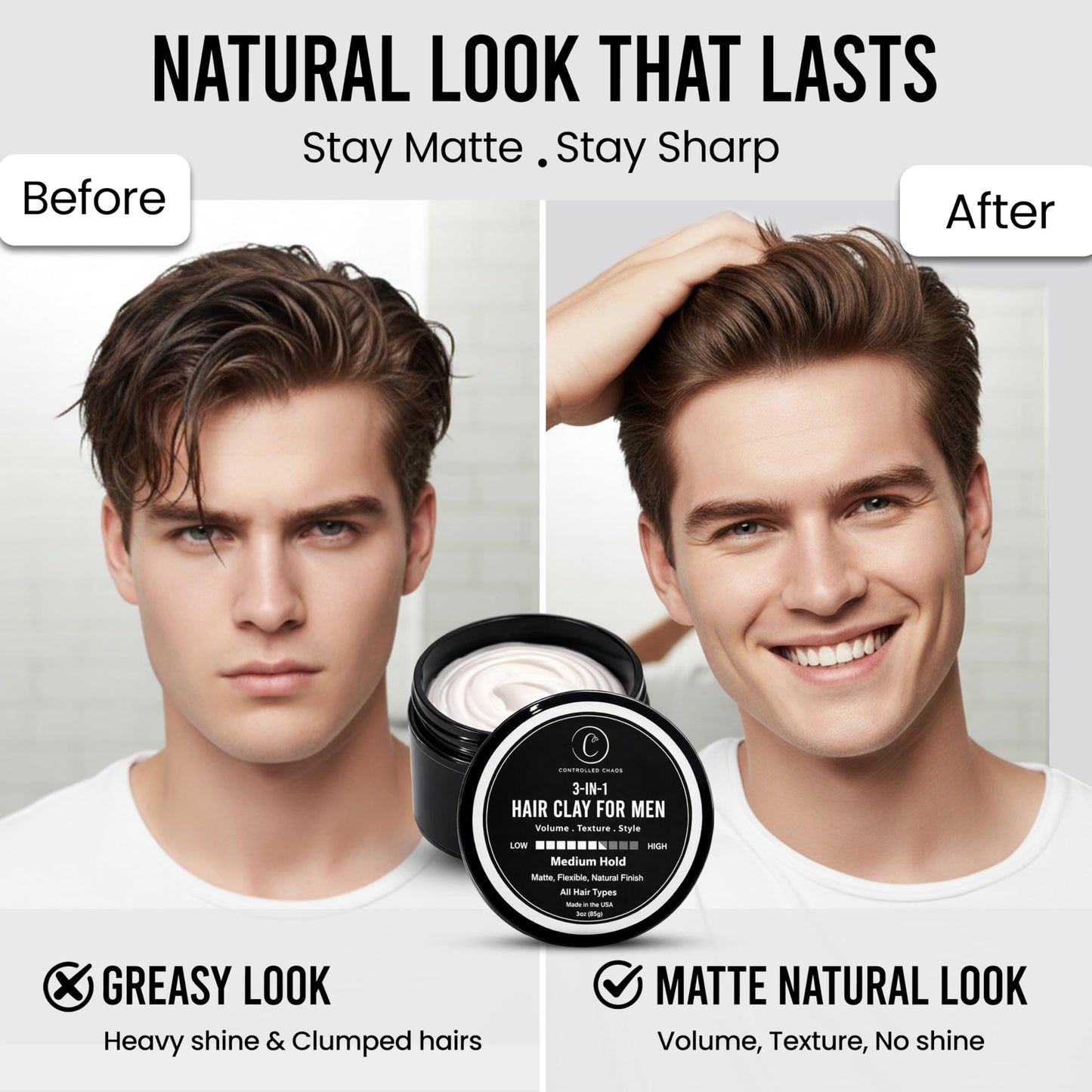 Controlled Chaos 3-in-1 Hair Clay for Men 3 oz – Medium Hold, Matte Finish Styling Mens Hair Clay for Natural Volume, Texture & Everyday Control – Made In USA