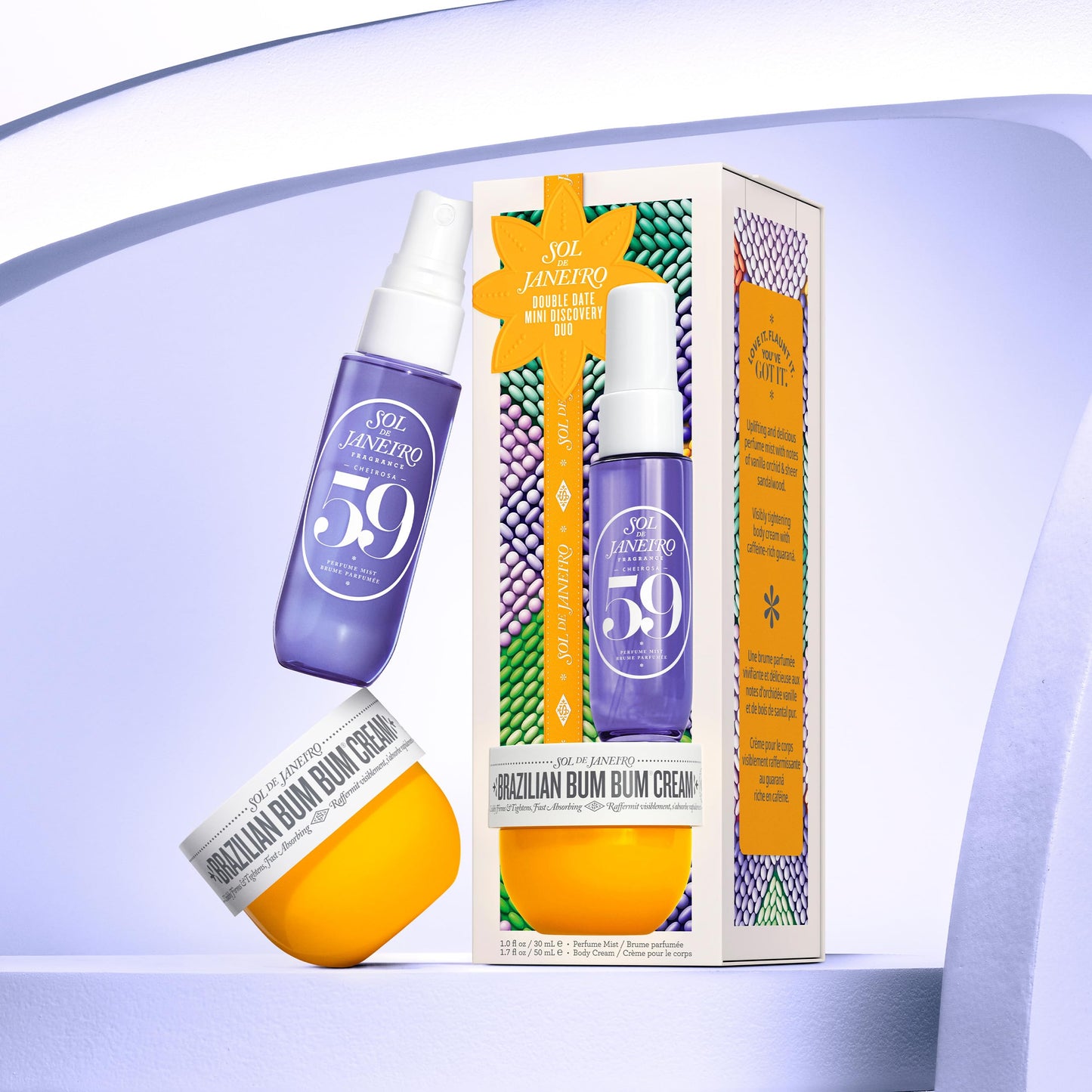Sol de Janeiro Double Date Beauty Gift Set | Travel Size Brazilian Bum Bum Body Cream 1.7 fl oz & Cheirosa 59 Perfume Mist Mini 1 fl oz | Limited Edition Beauty Minis Trial Set