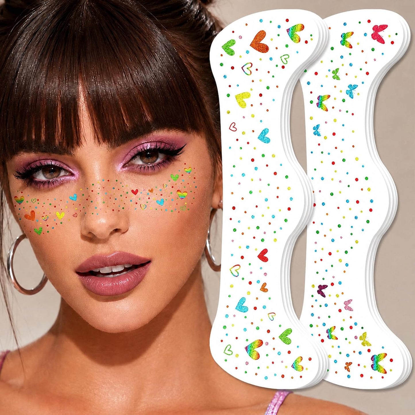 Rainbow Face Glitter Freckles - Waterproof LGBT Pride Makeup Accessories | 8 PCS Butterfly & Heart Temporary Tattoos