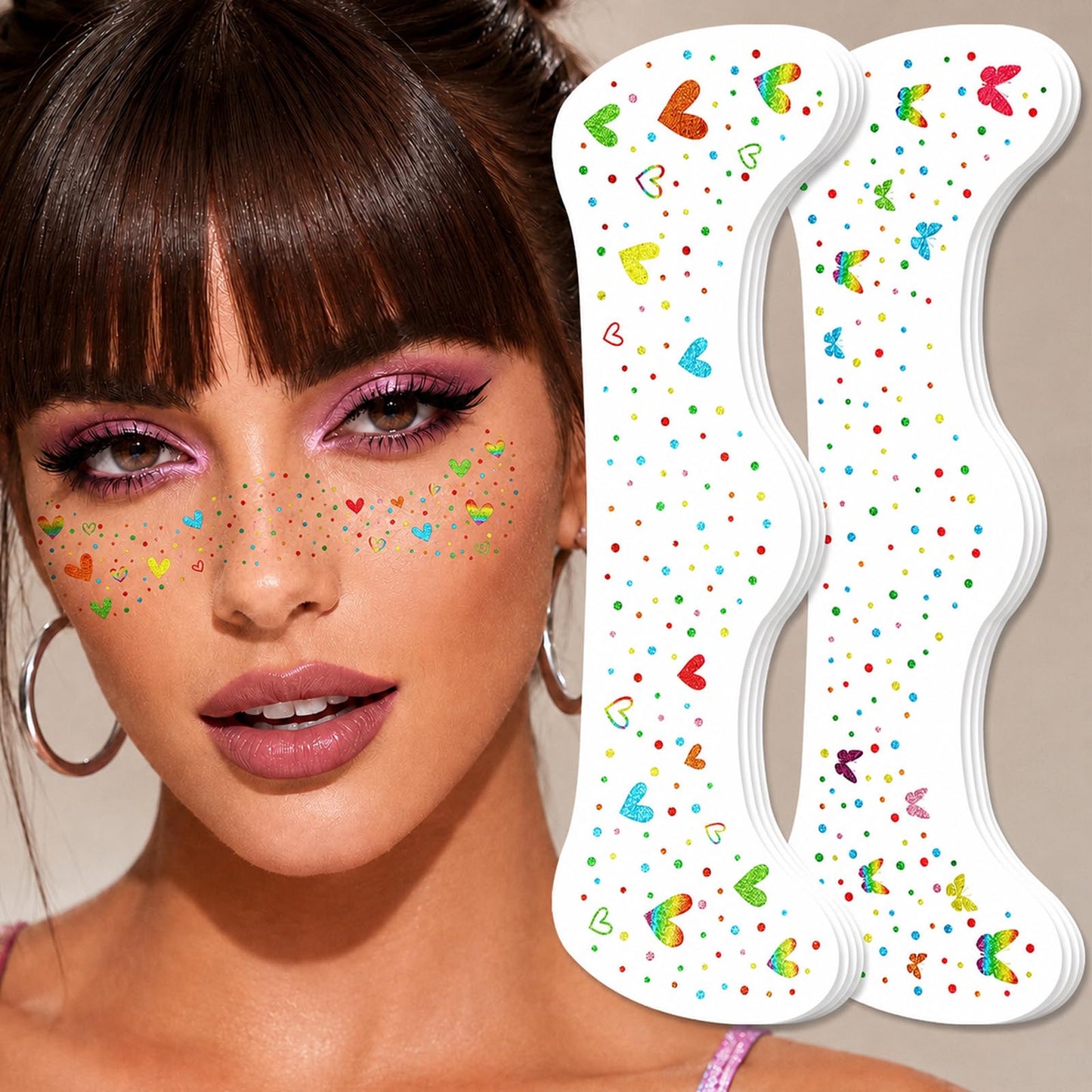 Rainbow Face Glitter Freckles,Rainbow Makeup Pride Accessories,Waterproof LGBT Costumes Decorations,Butterfly &Heart Pride Sparkle Freckle Temporary Tattoos,8 PCS