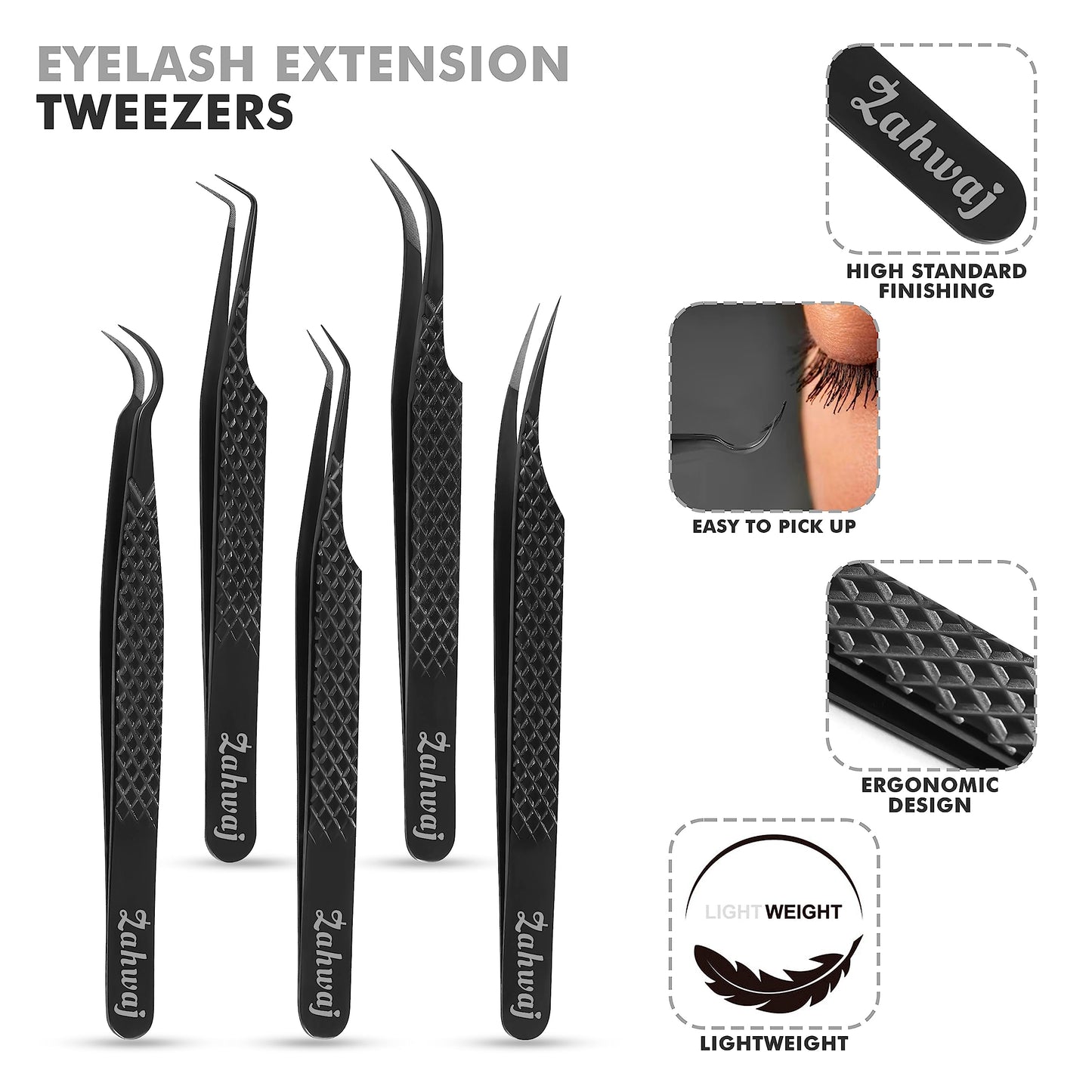 ZAHWAJ Fiber Tip Lash Tweezers - Set of 5 Diamond Grip Eyelash Extension Tweezers, Japanese Stainless Steel Tweezers Set for Volume, Isolation & Classic Lashes (Black)