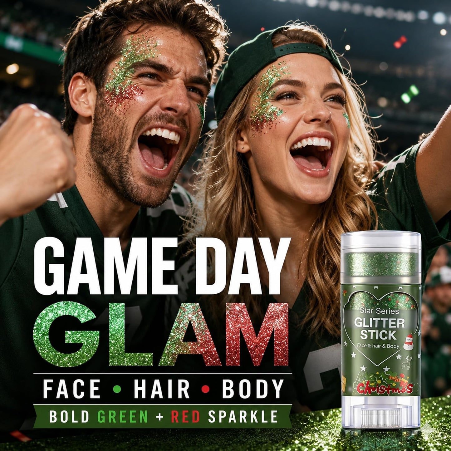 Green and Red Brazil Face Glitter Stick for World Cup Fans, Saint Patrick’s Day Sweatproof Face Body Glitter Stick for Football, Rugby, Softball, Baseball, Lacrosse, Party Accessories