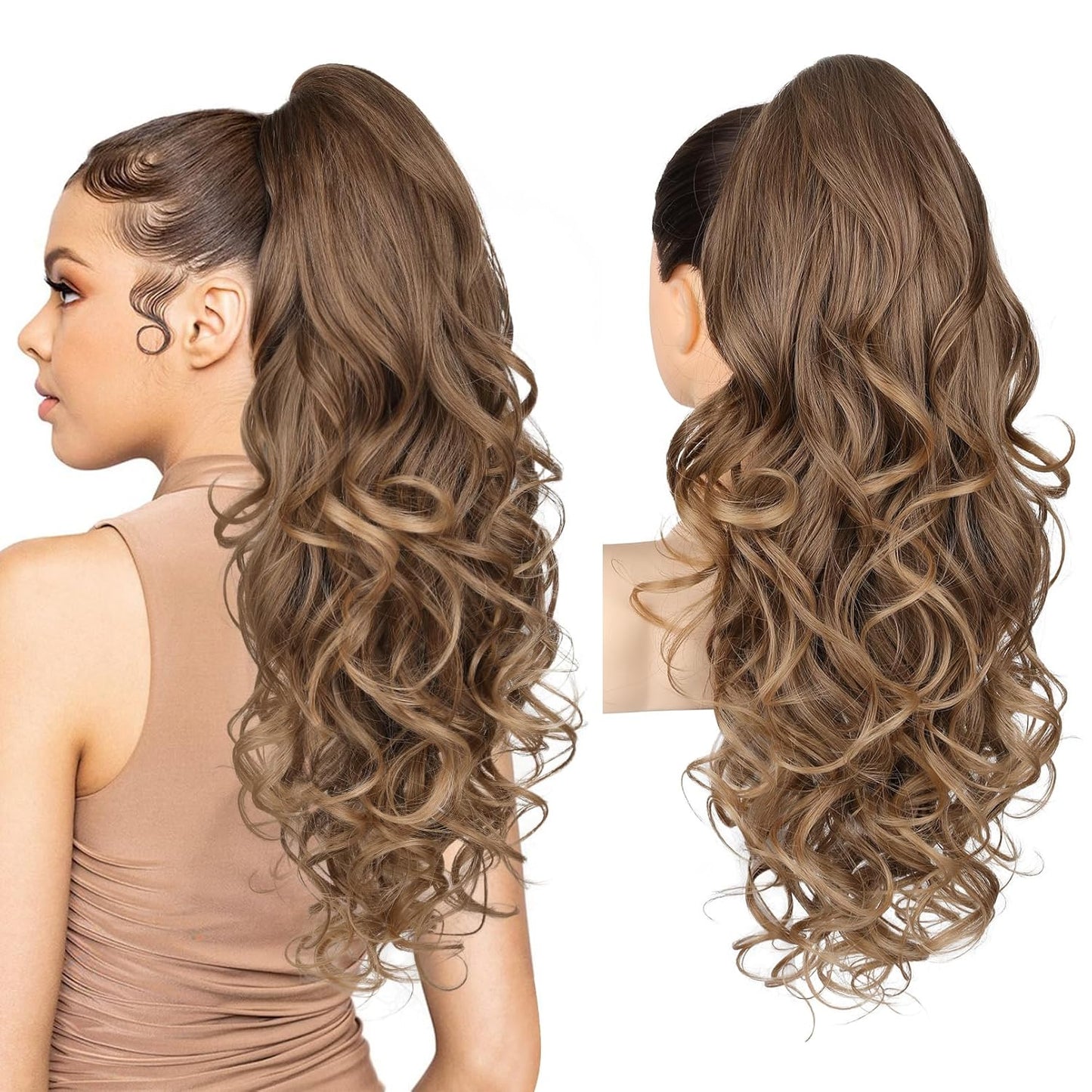 Ponytail Extension - 24" Claw Clip In Long Curly Wavy Hairpiece | Medium Blonde with Highlights