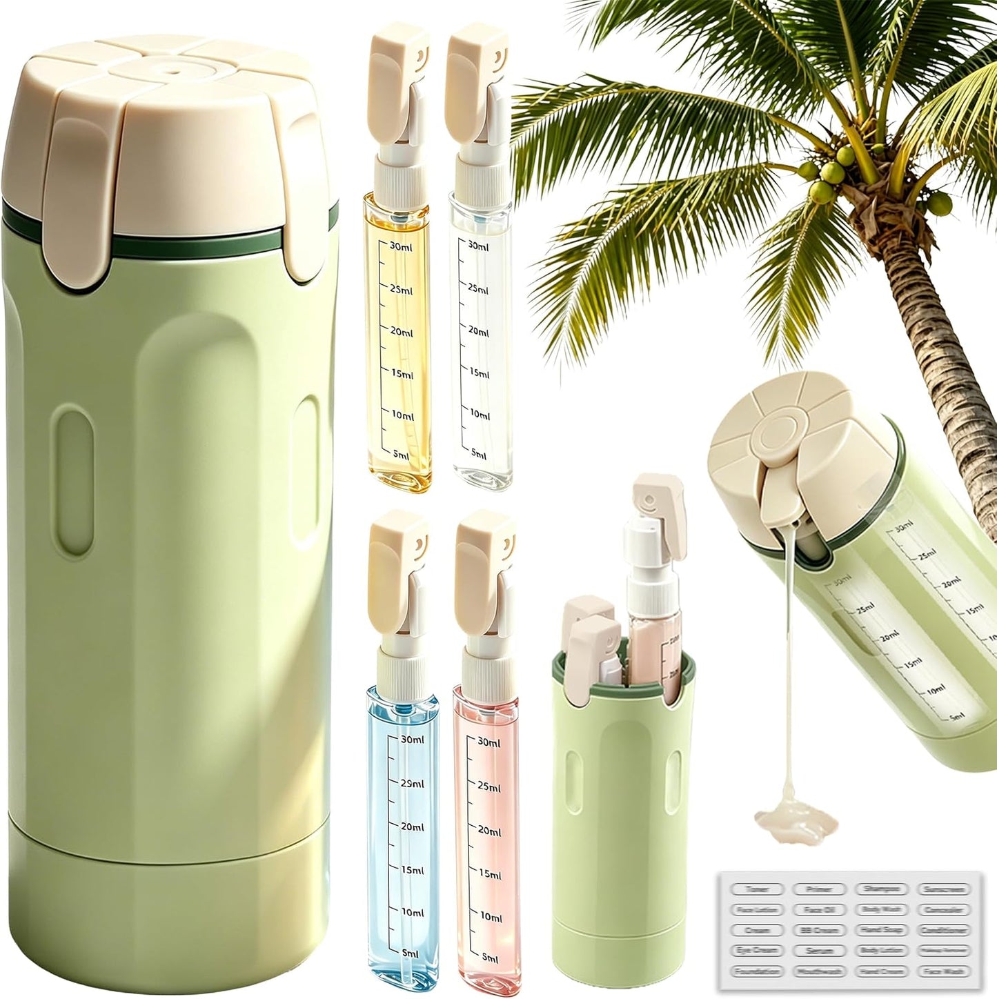 Travel Dispenser Bottle - 4 in 1 Leakproof TSA Approved Hard-Shell | Rotatable Cosmetic & Shampoo Container (Green)