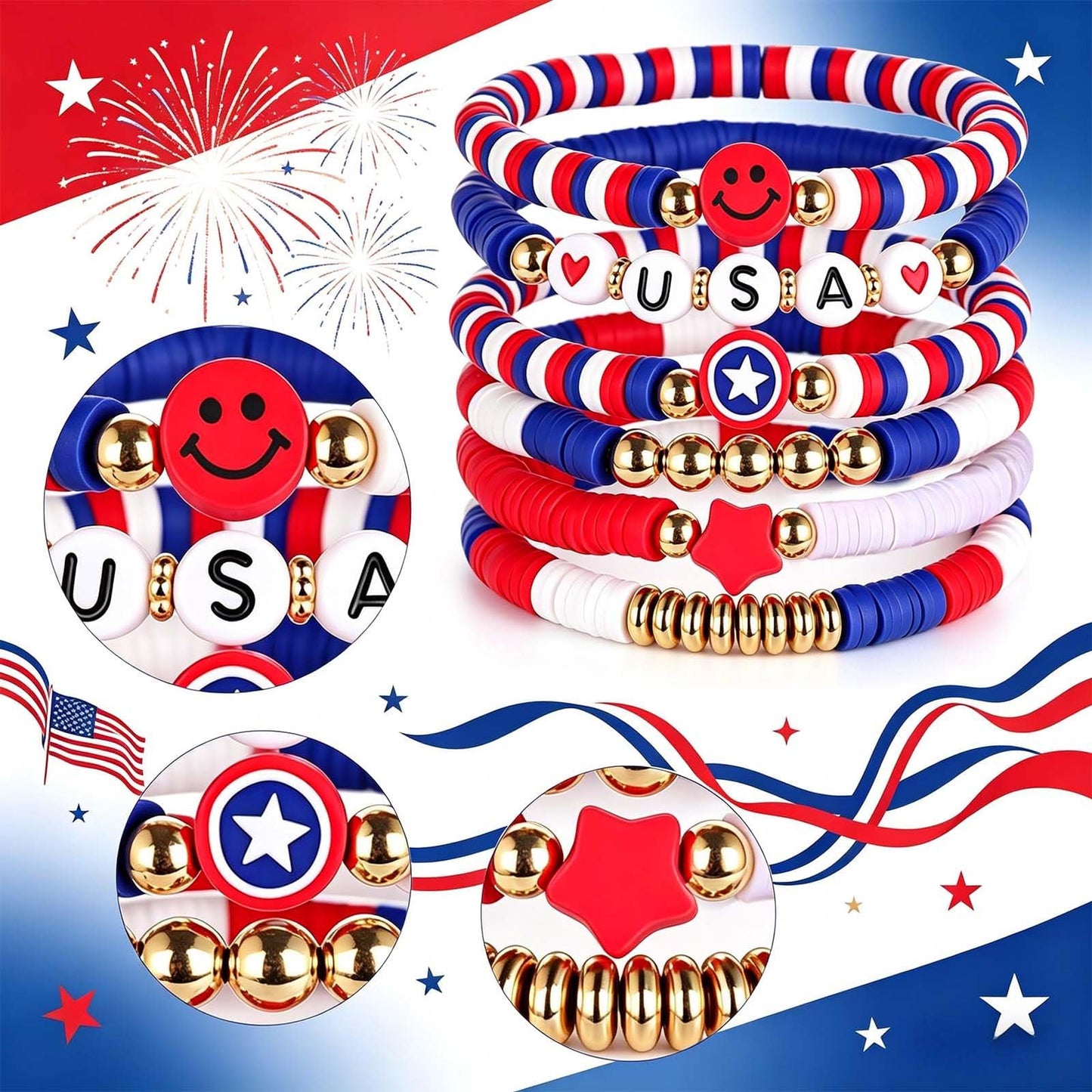 Go Ho 4th of July Outfits for Women,6PCS Beaded Stackable Stretch Bracelets,Red White and Blue Face Body Glitter,9PC Necklaces,3PC Star Glasses, Fourth of July Decorations Favors Accessories Set
