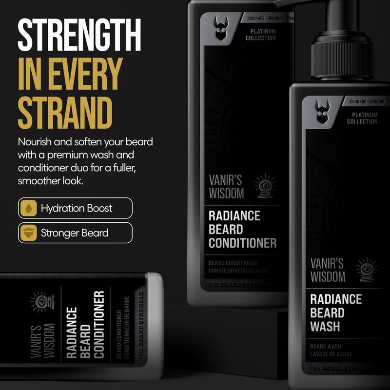 The Beard Struggle Radiance Beard Wash & Conditioner Bundle - Platinum Collection - Pack of 2 - Vanir's Wisdom - 8 Fl Oz each - For Men - Nourish, Cleanse, Soften, & Strengthen Beard