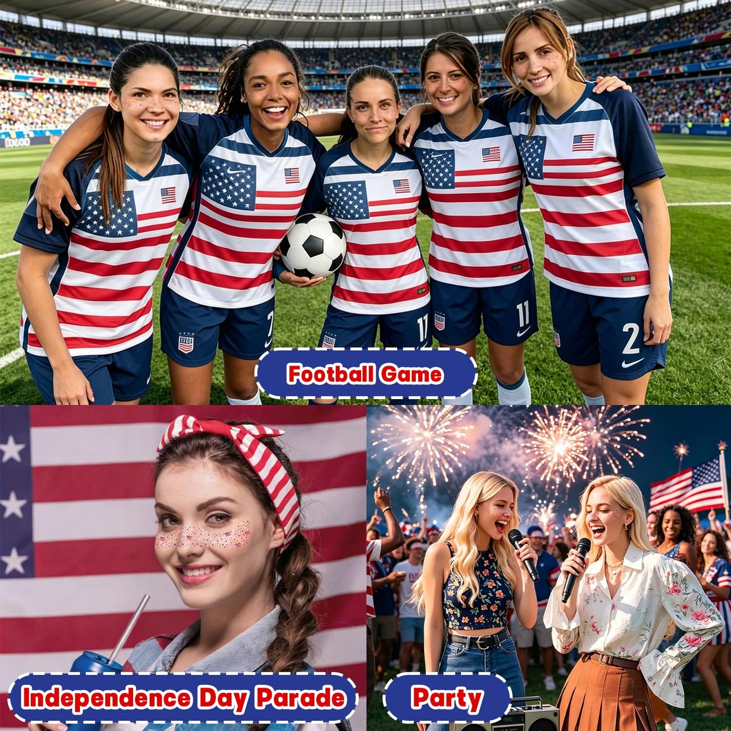 USA Flag Glitter Freckles - 8 Pcs Red, White & Blue Face Tattoos for 4th of July & Memorial Day