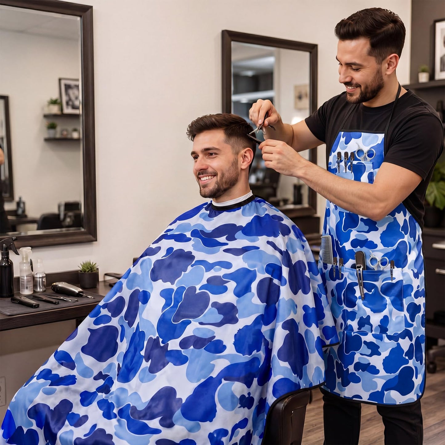 Cuffbow 2 Pcs Blue Camo Barber Cape Set Professional Hair Cutting Cape and Apron with 3 Pockets, Salon Hairdressing for Barbers, Stylists, Home Haircuts, Reusable and Adjustable