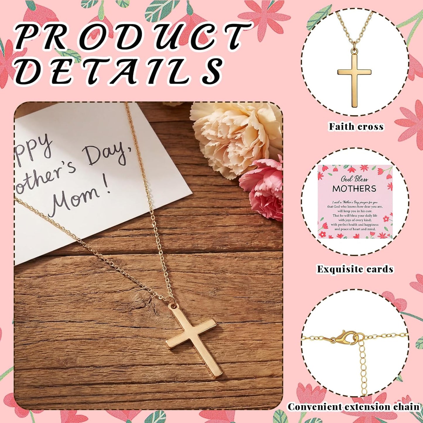 Tondiamo 20 Pcs Mother Cross Necklaces - Adjustable Christian Gifts with Flower Cards for Moms | Ideal Church Gifts