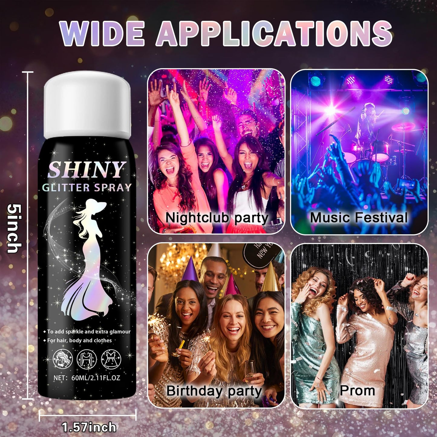 ZHISHUDL Body Hair Glitter Spray 60ML Glitter Hairspray Holographic Shimmer Glitter for Hair Body and Clothes,Long-Lasting Quick-Drying Sparkle Powder Spray for Christmas Halloween Rave - Silver