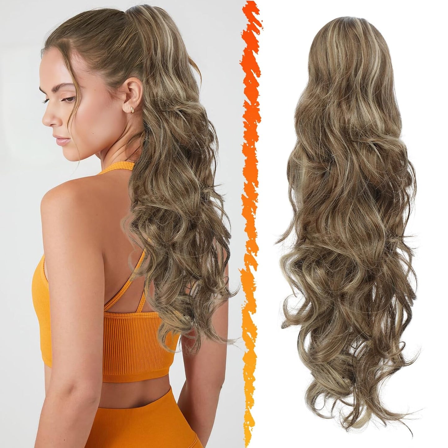 Highlight Ponytail Extension - 20 Inch Curly Wavy Drawstring Hairpiece for Women | Ash Brown & Blonde