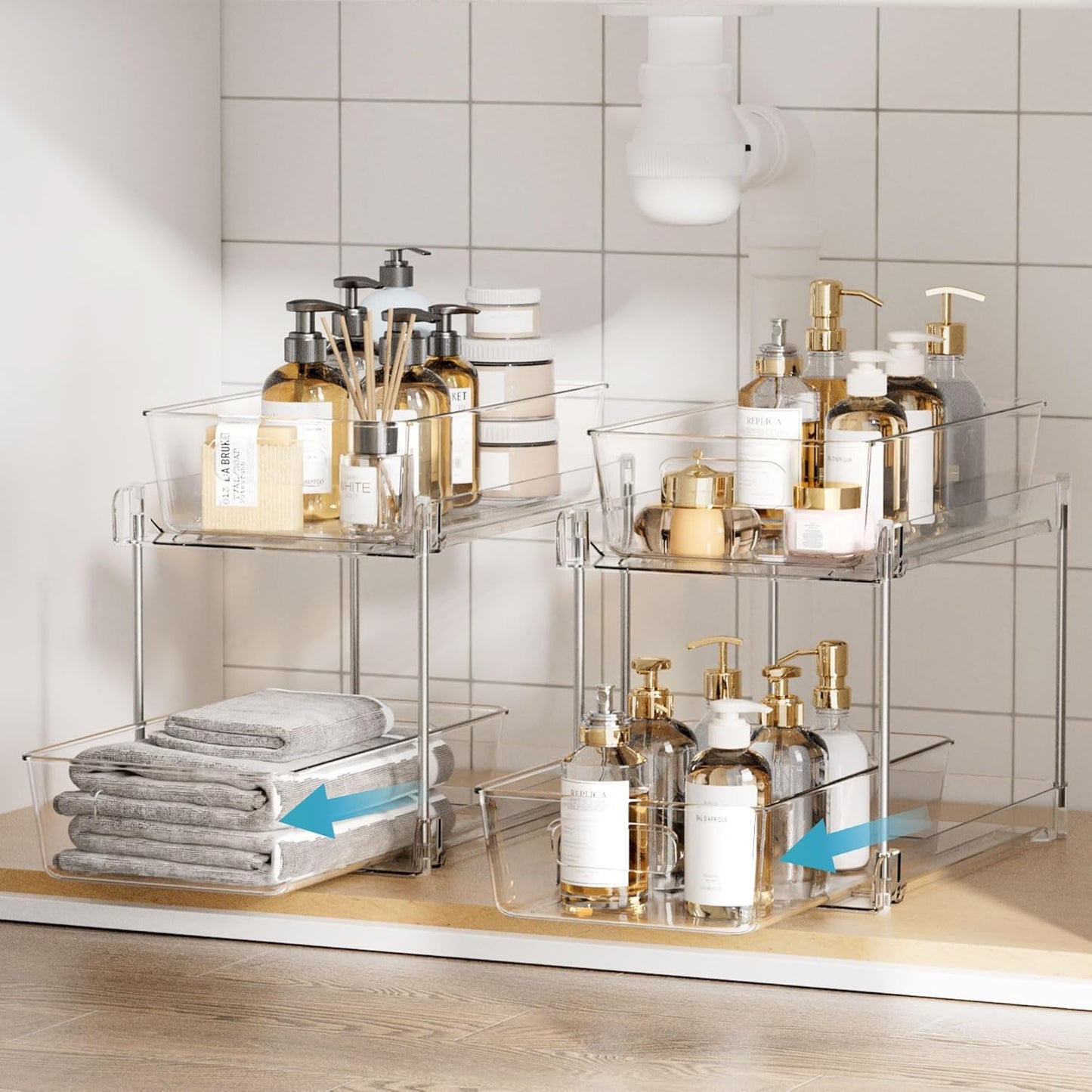 4 Pack Bathroom Organizer - 2 Tier Clear Under Sink Storage Bins | Vanity Countertop & Cabinet Drawers